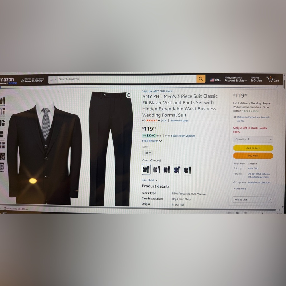NWT Big and Tall Men's Charcoal 3 Piece Suit 60 regular